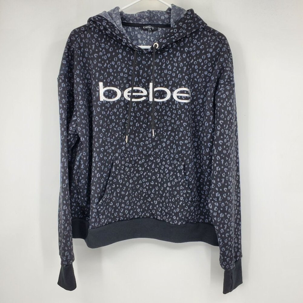 Bebe Sport Women's Grey Leopard Print Long Sleeve‎ Pullover Hooded Sweatshirt 1X